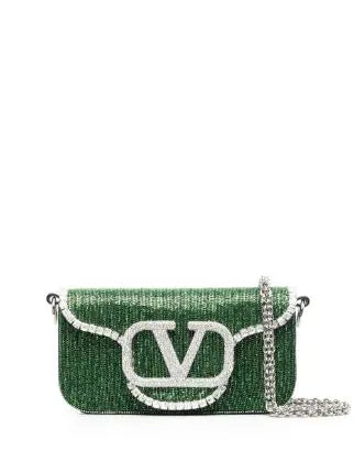 SMALL VALENTINO GARAVANI LOCÒ SHOULDER BAG WITH RHINESTONES - GREEN