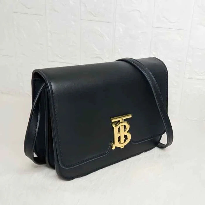 BURBERRY Calf Leather Gold TB Hardware Small Shoulder Bag - BLACK