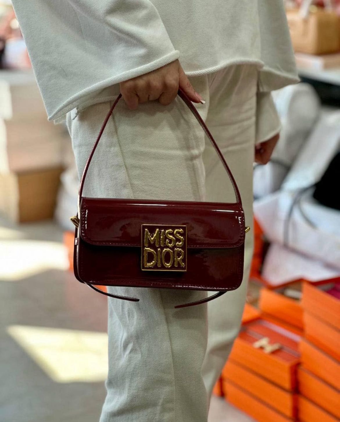 DIOR Miss Dior Patent Leather Calfskin Hand & Shoulder Bag - Mehroon