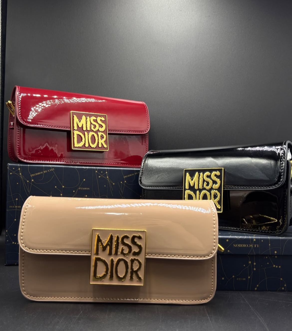 DIOR Miss Dior Patent Leather Calfskin Hand & Shoulder Bag - Mehroon