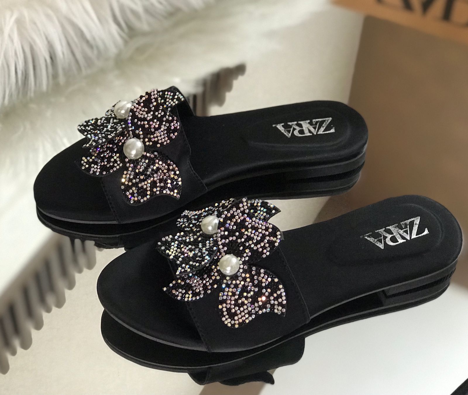 ZARA Mesh Flower Slippers - Black