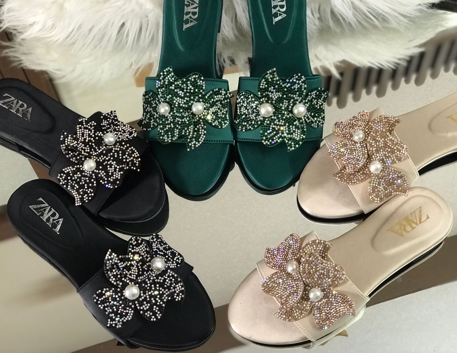 ZARA Mesh Flower Slippers - Fawn