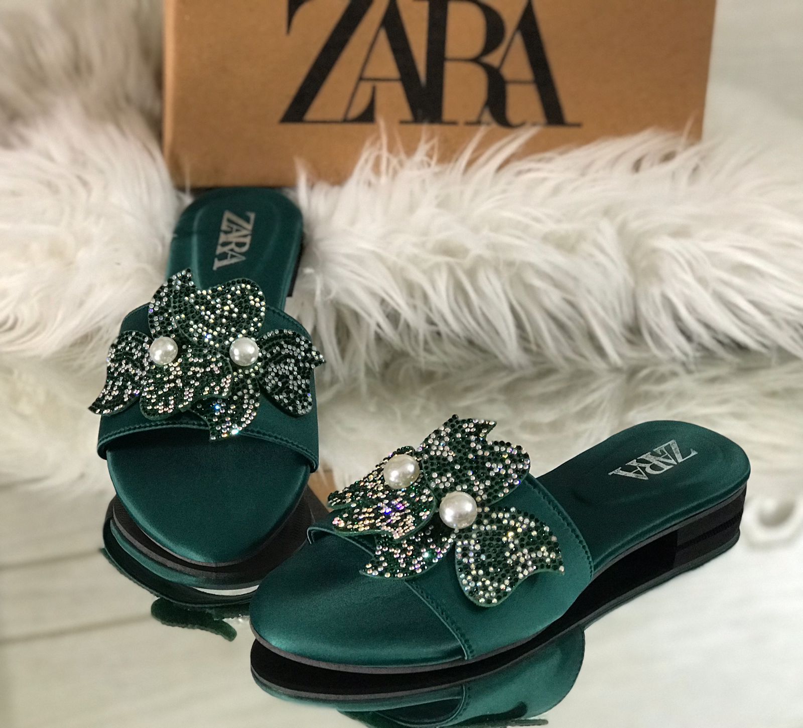 ZARA Mesh Flower Slippers - Green