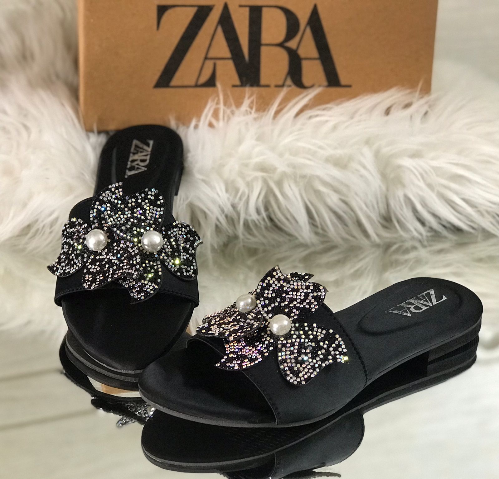 ZARA Mesh Flower Slippers - Black