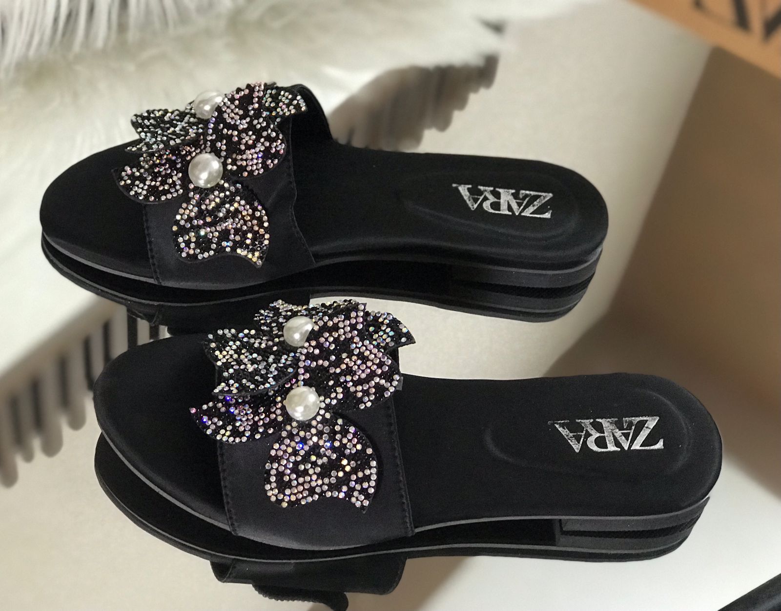 ZARA Mesh Flower Slippers - Black