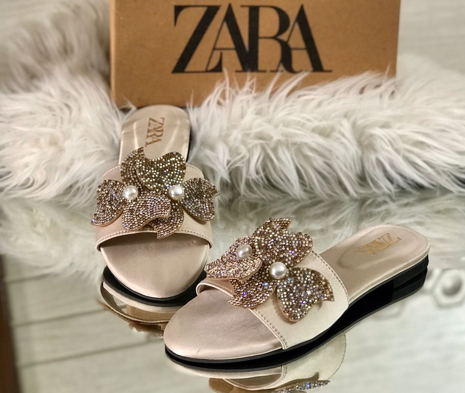 ZARA Mesh Flower Slippers - Fawn