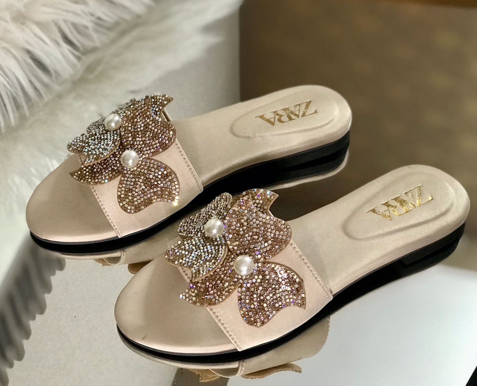 ZARA Mesh Flower Slippers - Fawn