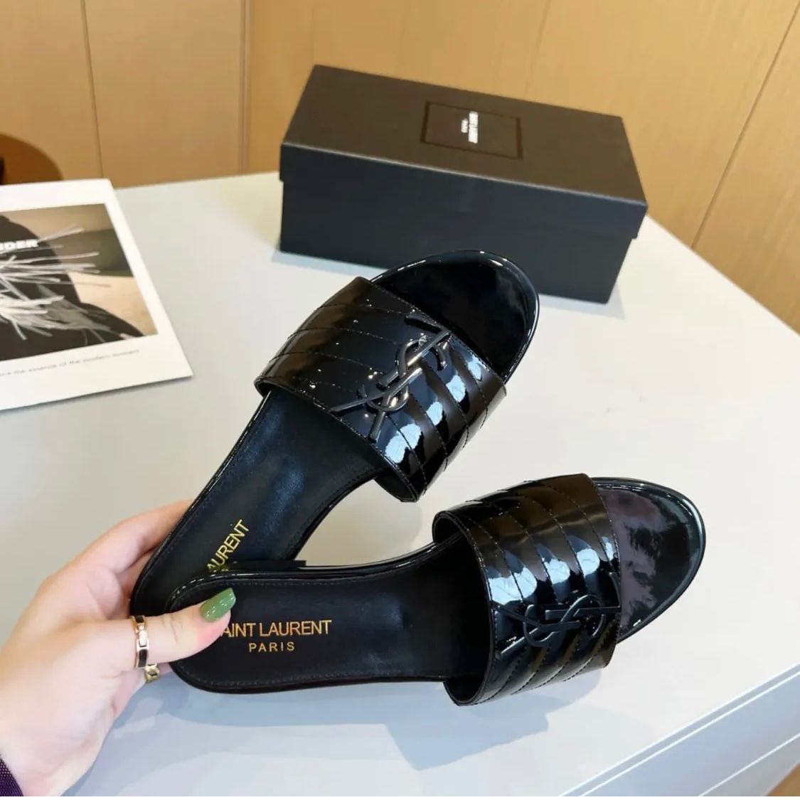 YSL Saint Laurent Flat Slides - Black