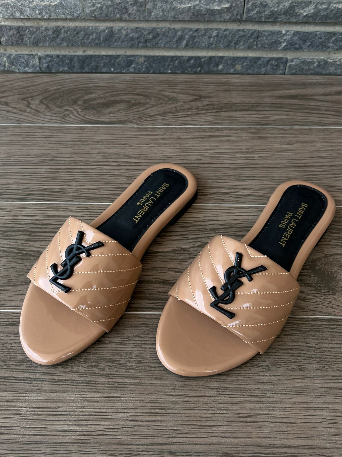 YSL Saint Laurent Flat Slides - Caramel
