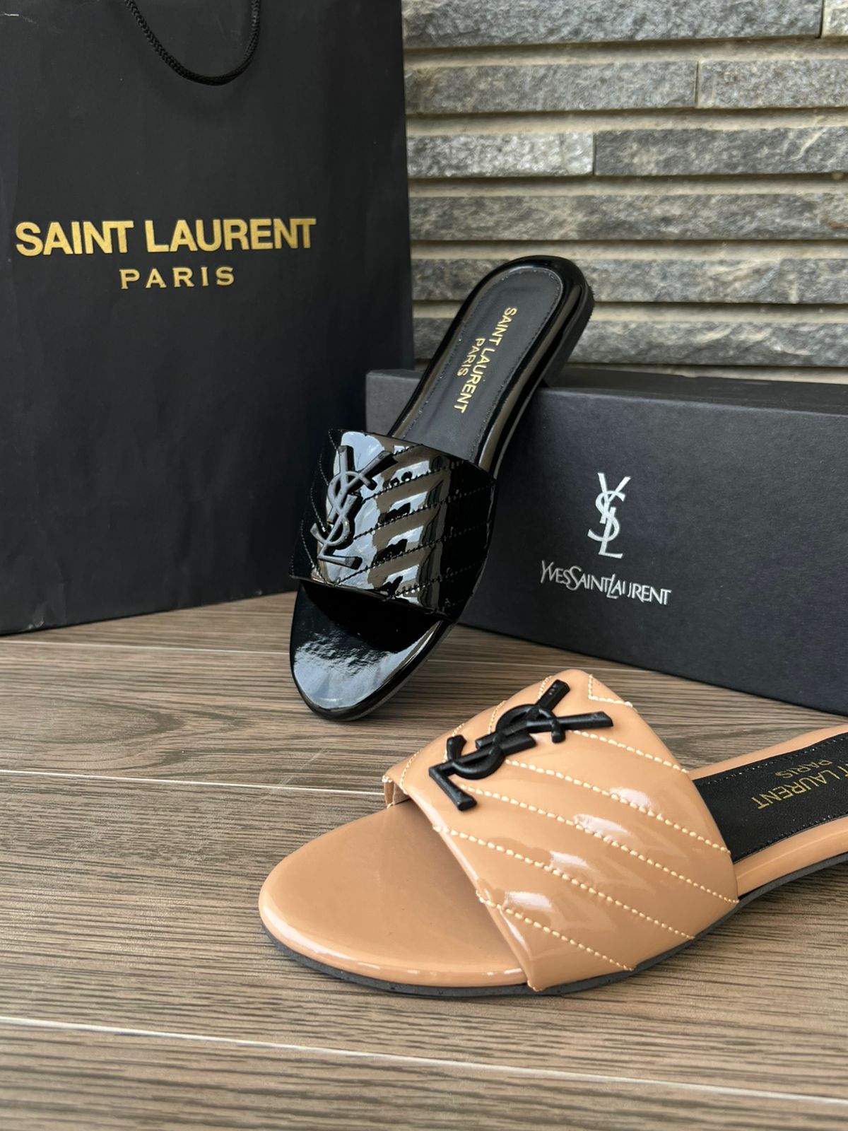YSL Saint Laurent Flat Slides - Caramel