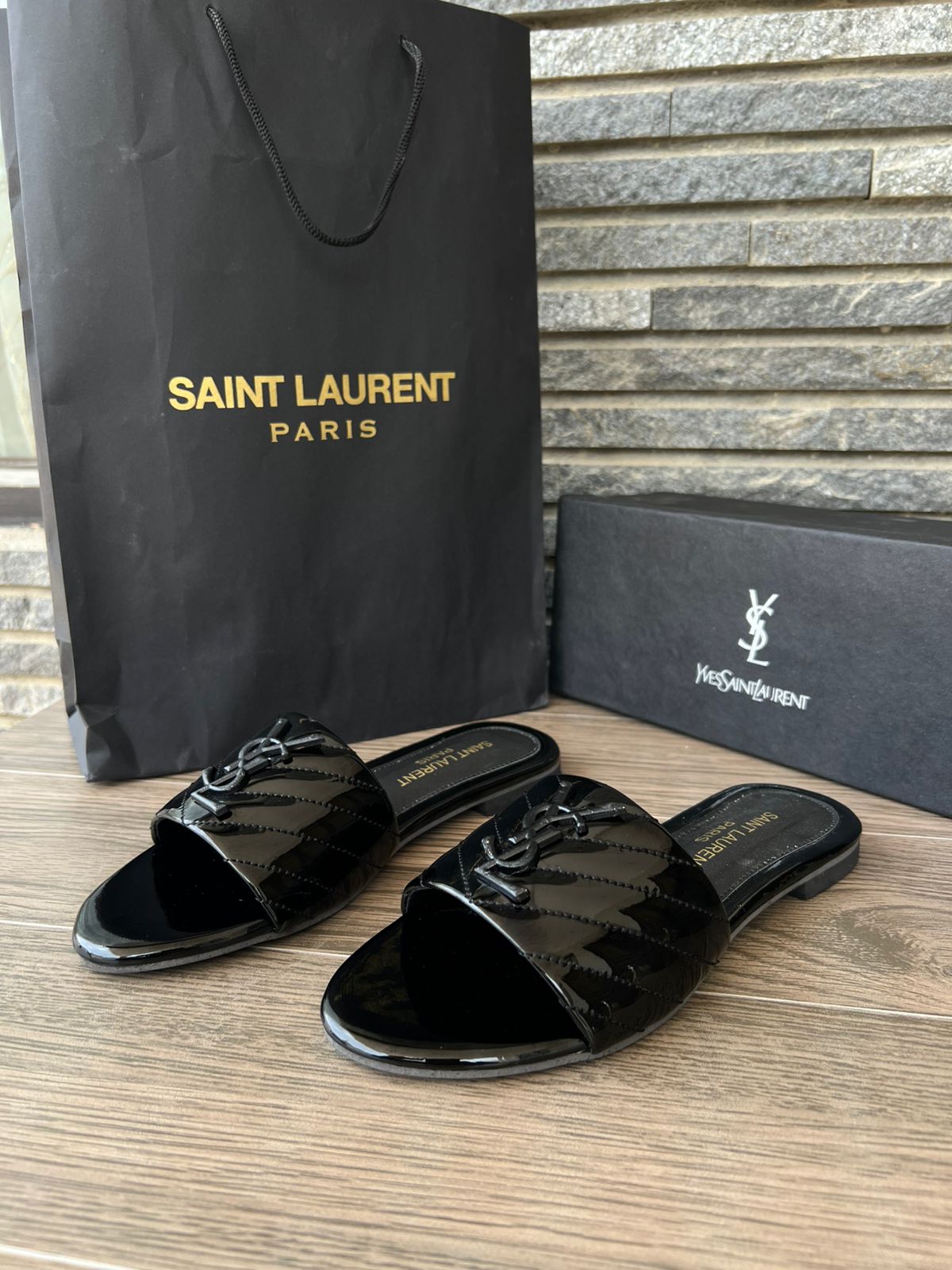 YSL Saint Laurent Flat Slides - Black
