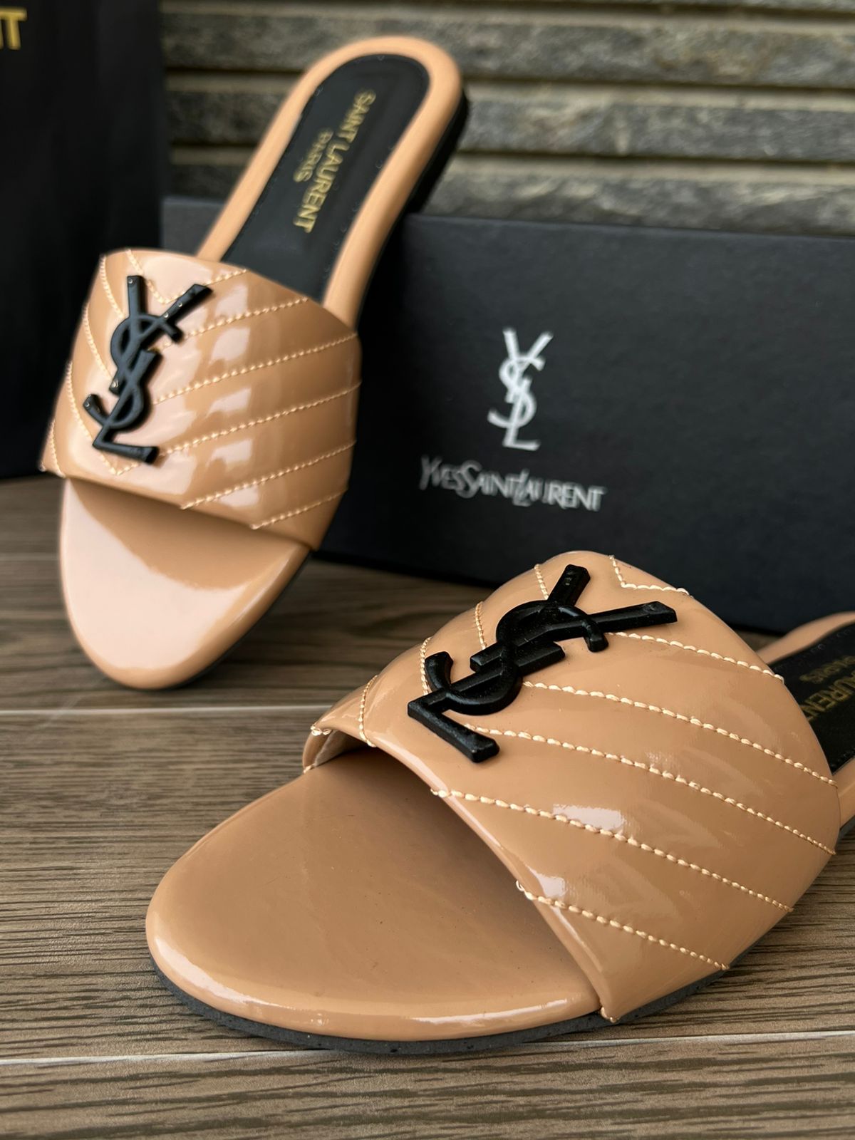 YSL Saint Laurent Flat Slides - Caramel