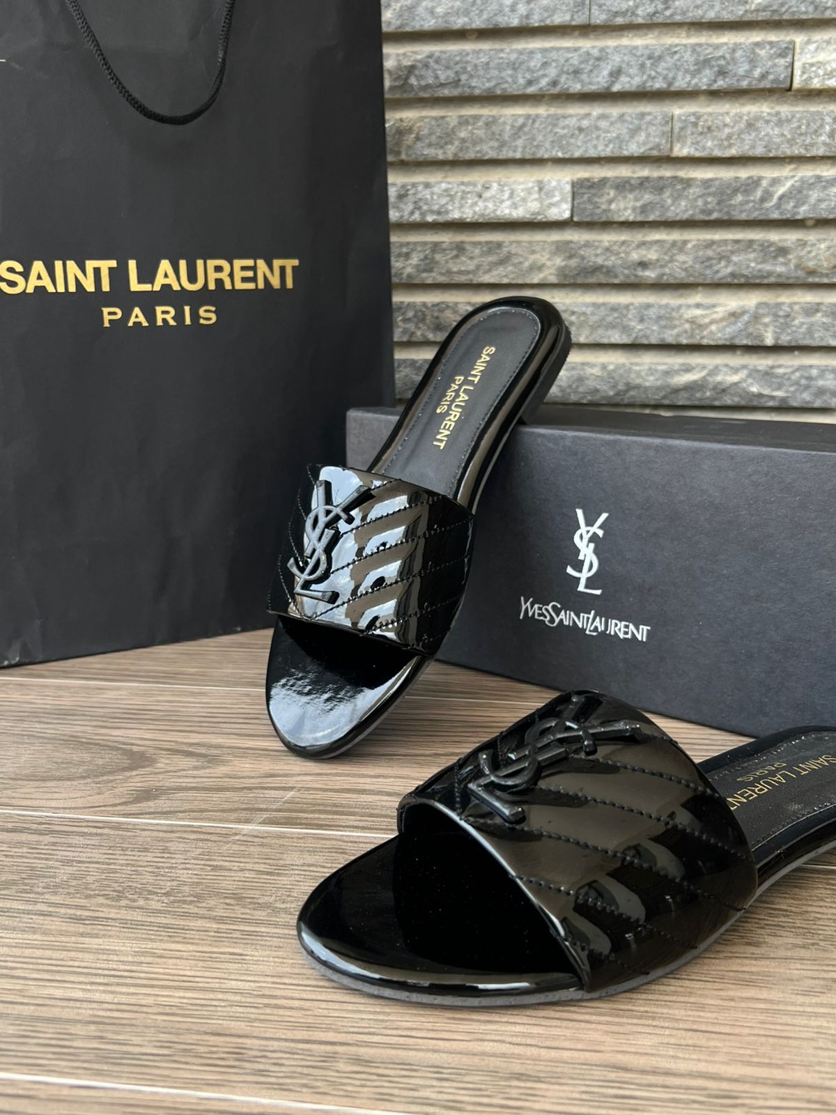 YSL Saint Laurent Flat Slides - Black
