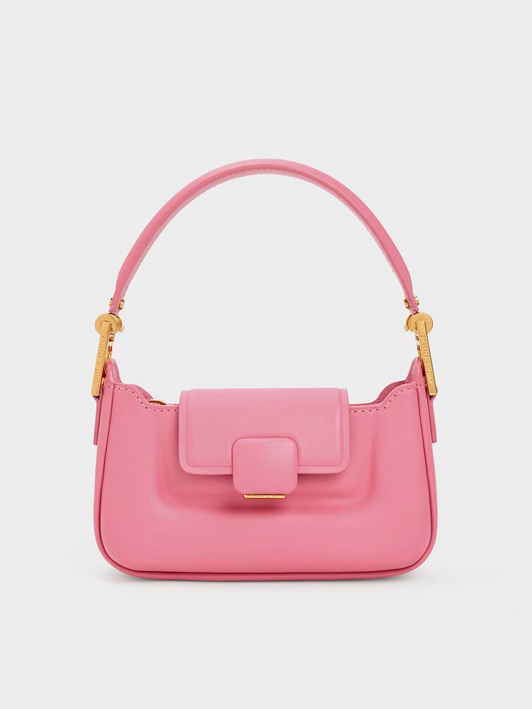 CHARLES & KEITH Koa Leather Push-Lock Top Handle Bag - Pink