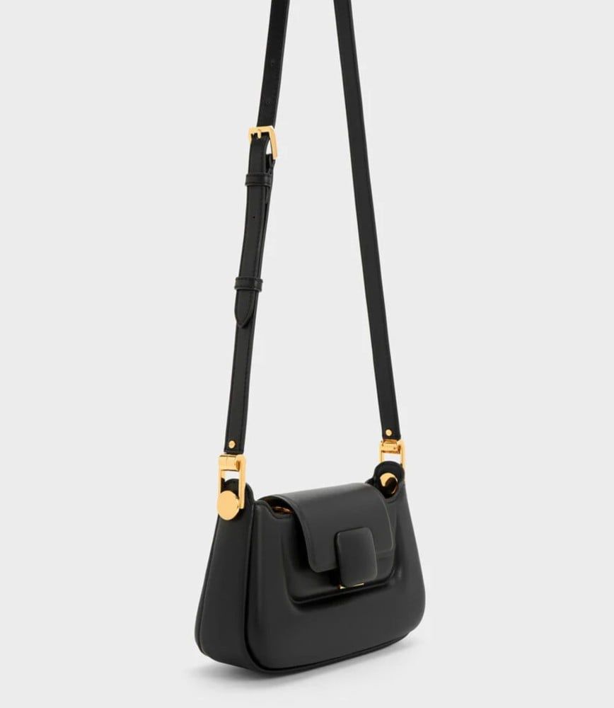 CHARLES & KEITH Koa Leather Push-Lock Top Handle Bag - Black