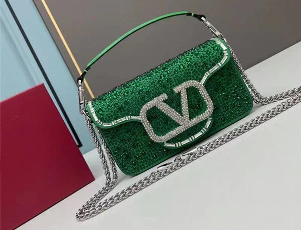 SMALL VALENTINO GARAVANI LOCÒ SHOULDER BAG WITH RHINESTONES - GREEN