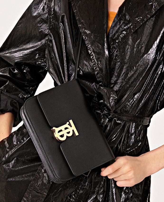 BURBERRY Calf Leather Gold TB Hardware Small Shoulder Bag - BLACK