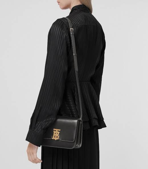 BURBERRY Calf Leather Gold TB Hardware Small Shoulder Bag - BLACK