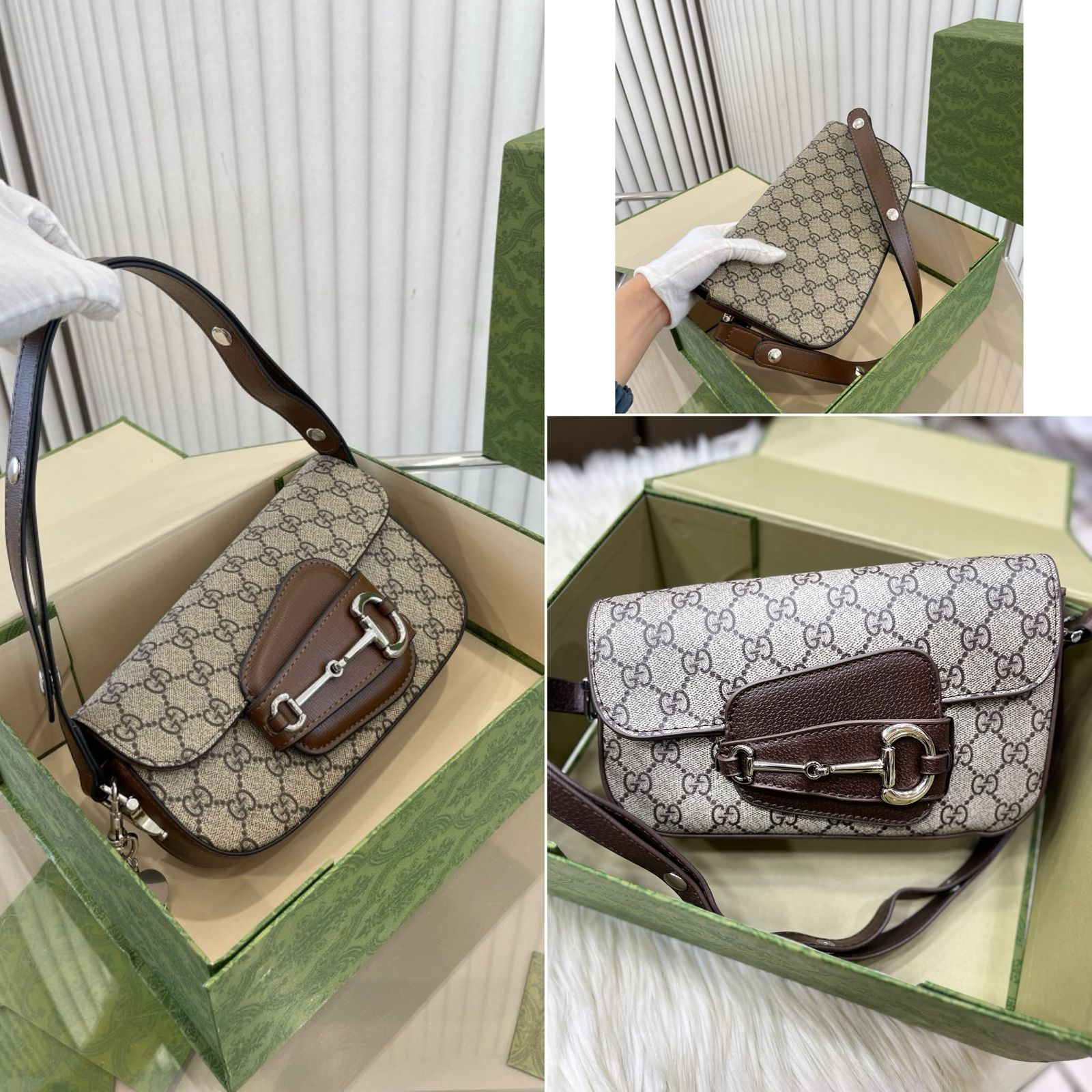 Gucci Horsebit 1955 Monogrammed Small Shoulder Bag- Beige Brown