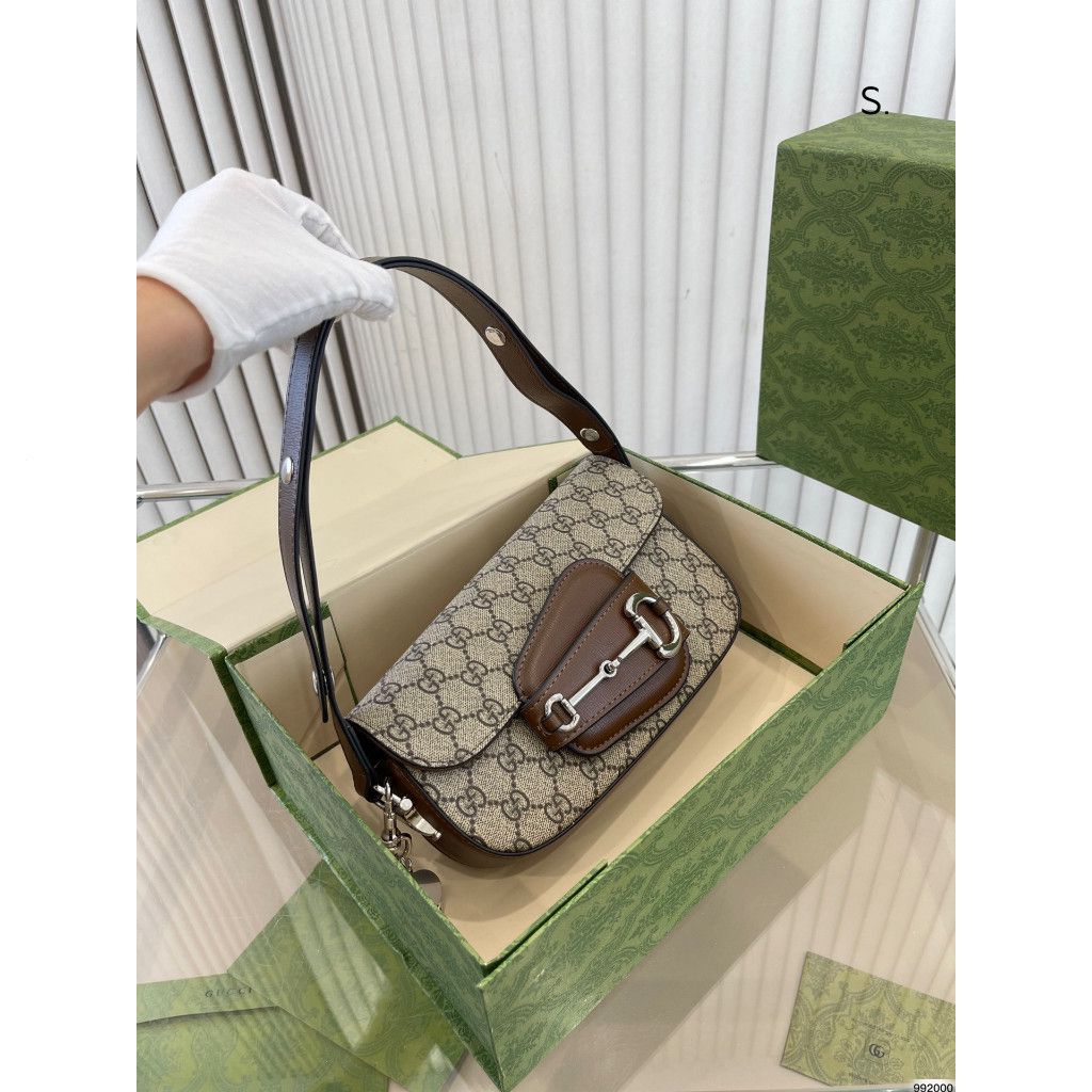 Gucci Horsebit 1955 Monogrammed Small Shoulder Bag- Beige Brown