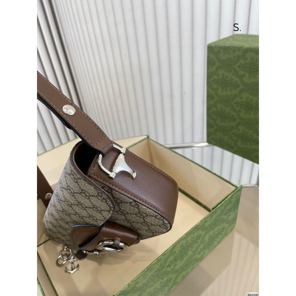 Gucci Horsebit 1955 Monogrammed Small Shoulder Bag- Beige Brown