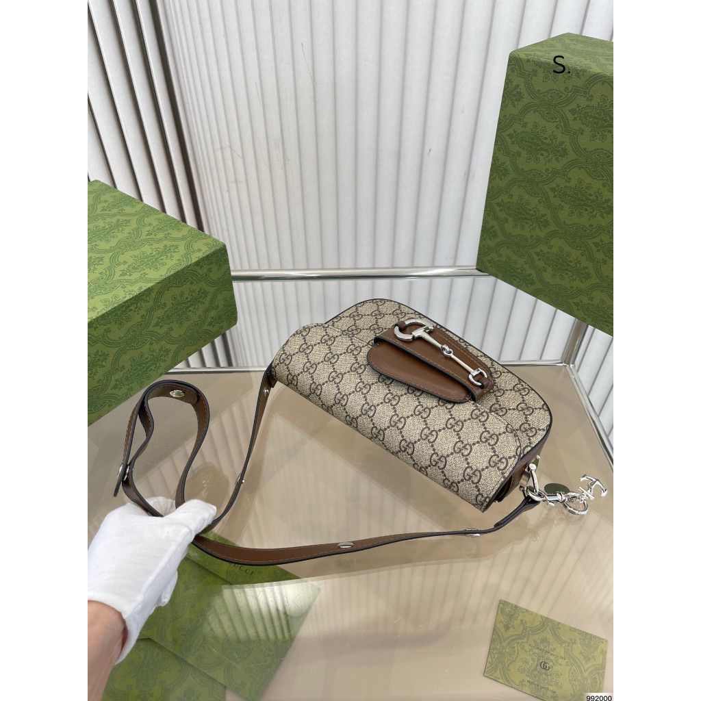 Gucci Horsebit 1955 Monogrammed Small Shoulder Bag- Beige Brown