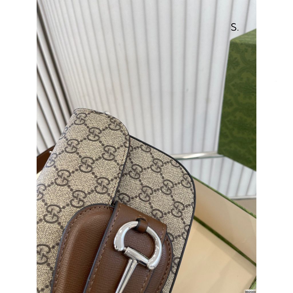 Gucci Horsebit 1955 Monogrammed Small Shoulder Bag- Beige Brown