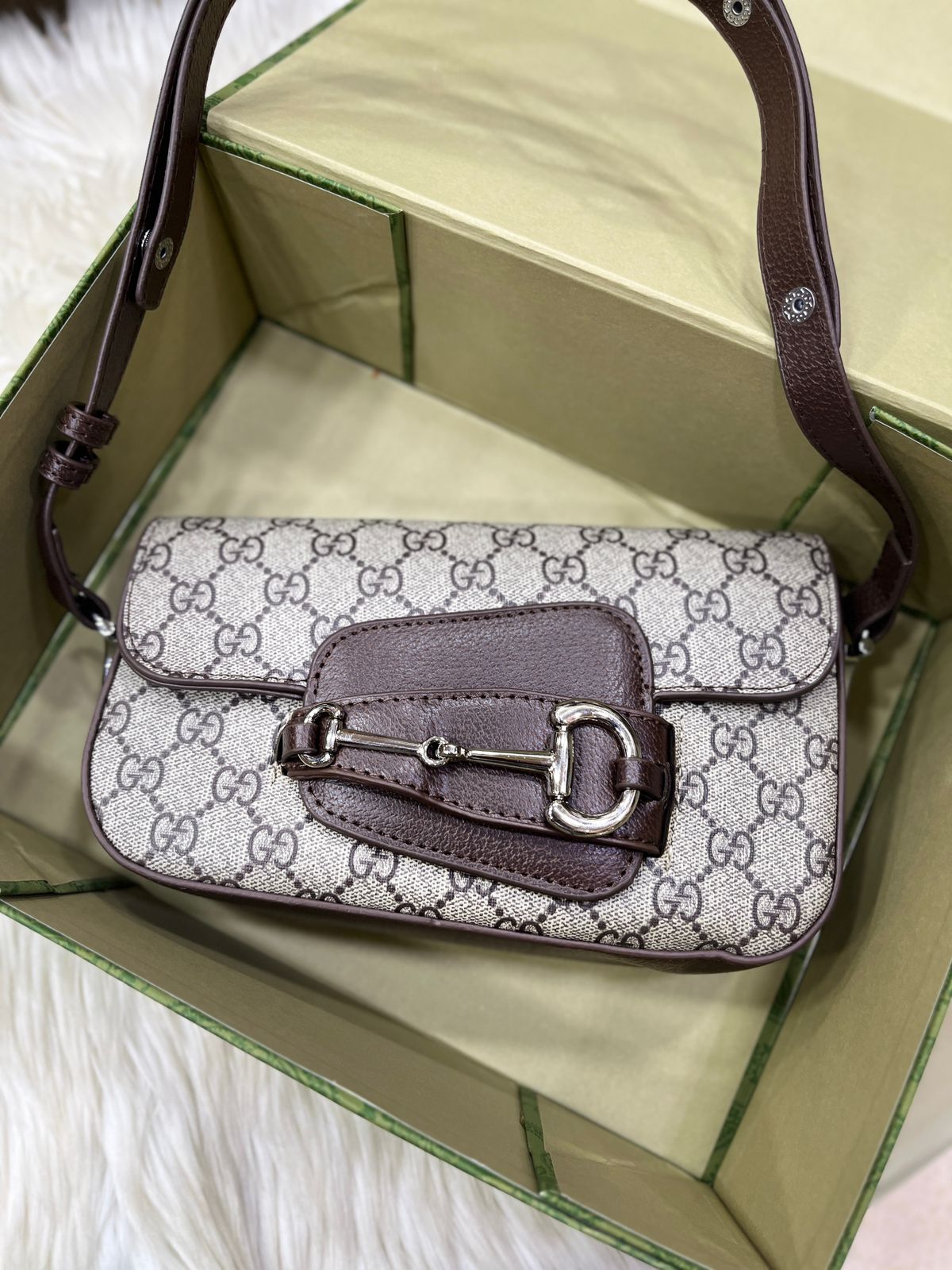 Gucci Horsebit 1955 Monogrammed Small Shoulder Bag- Beige Brown