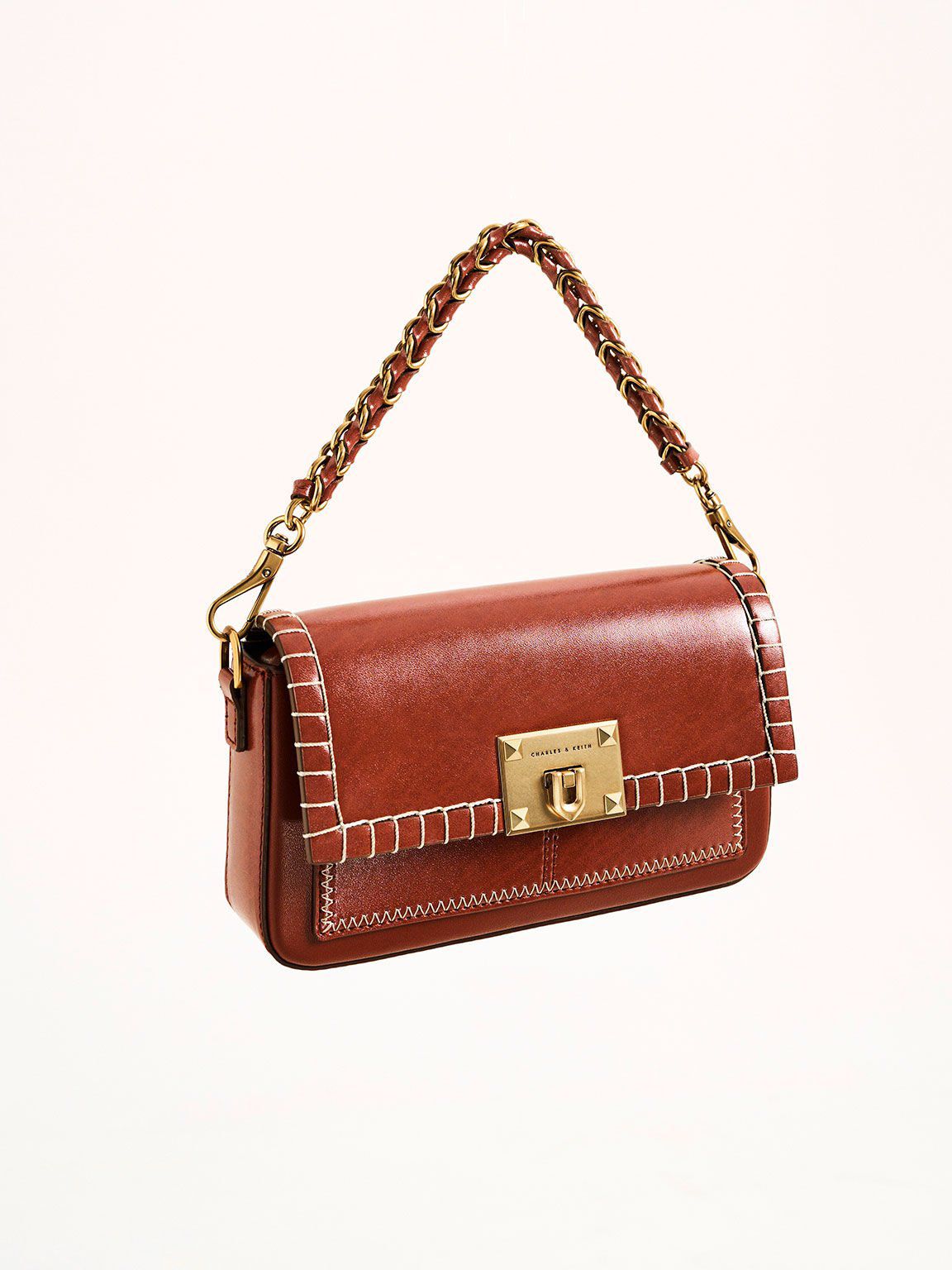 CHARLES & KEITH Circe Stitch-Trim Top Handle Bag - Mocha