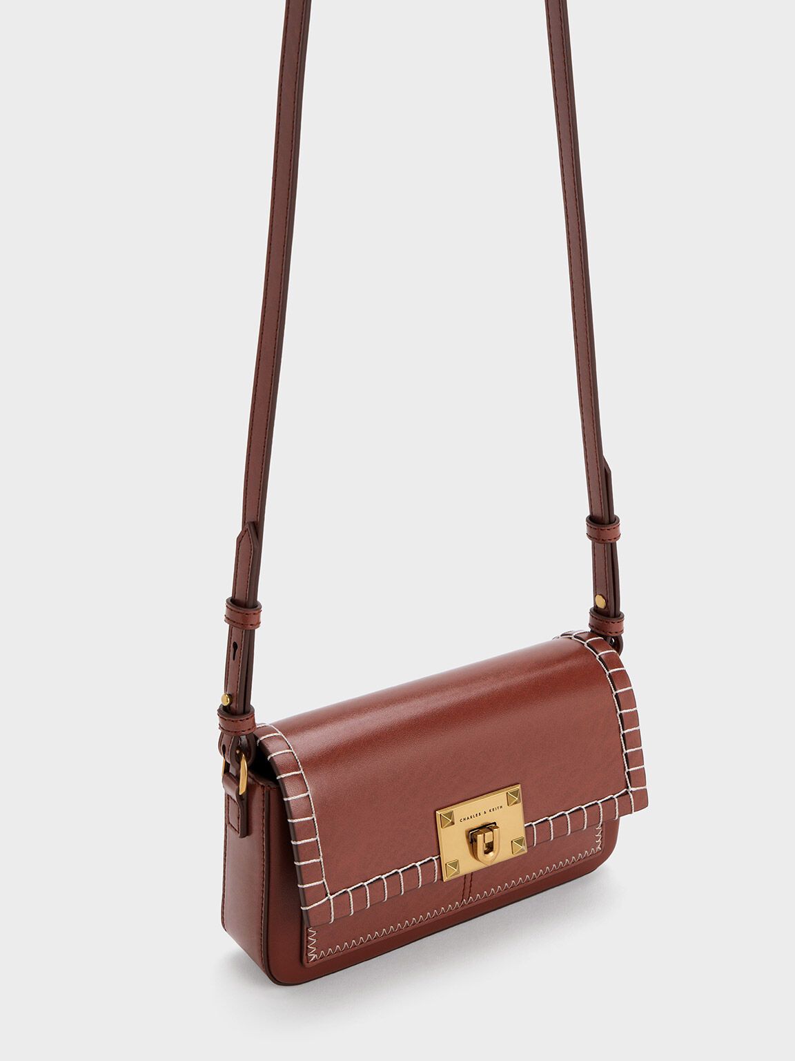 CHARLES & KEITH Circe Stitch-Trim Top Handle Bag - Mocha