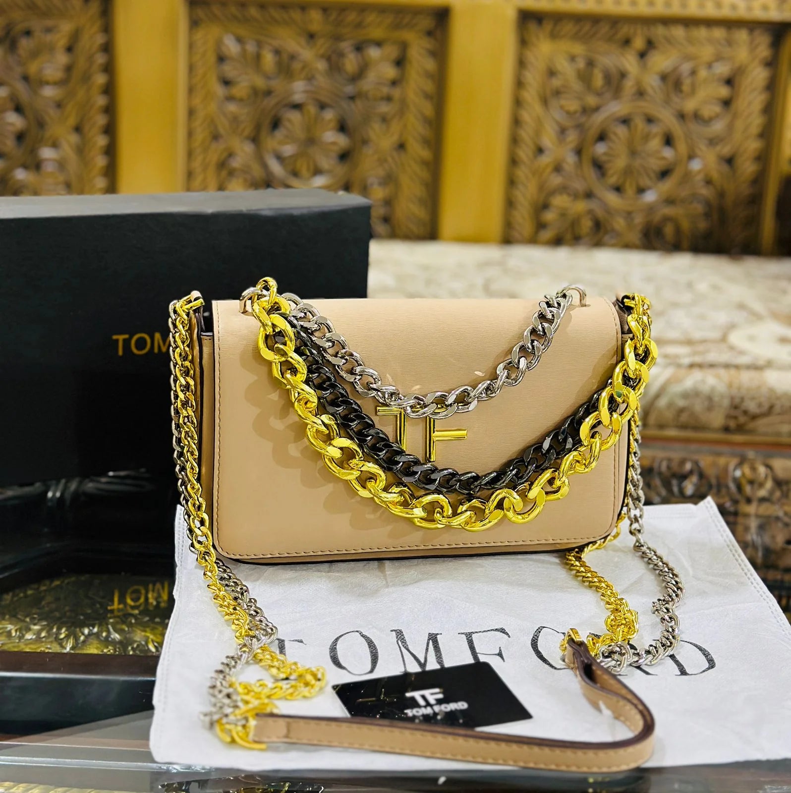 TOM FORD TF CHAIN SHOULDER BAG - BEIGE