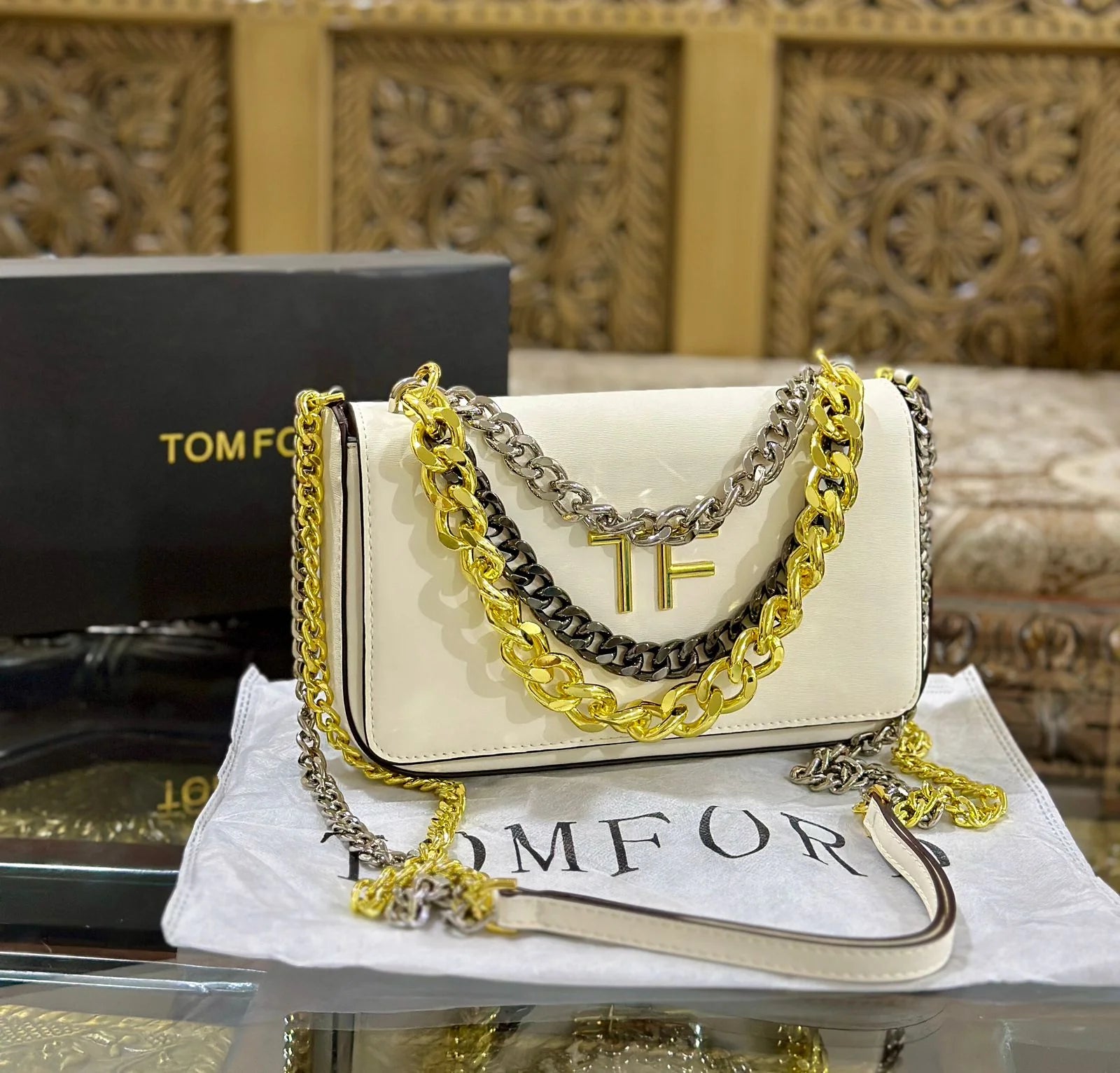 TOM FORD TF CHAIN SHOULDER BAG - WHITE
