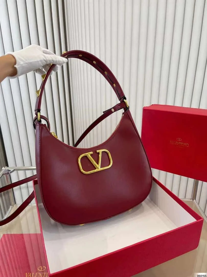 VALENTINO GARAVANI Stud Sign Leather Hobo Bag - Maroon