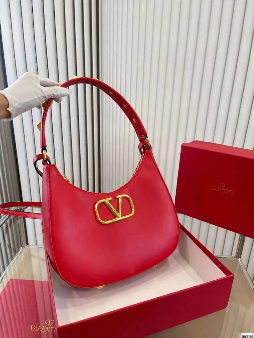 VALENTINO GARAVANI Stud Sign Leather Hobo Bag - Red