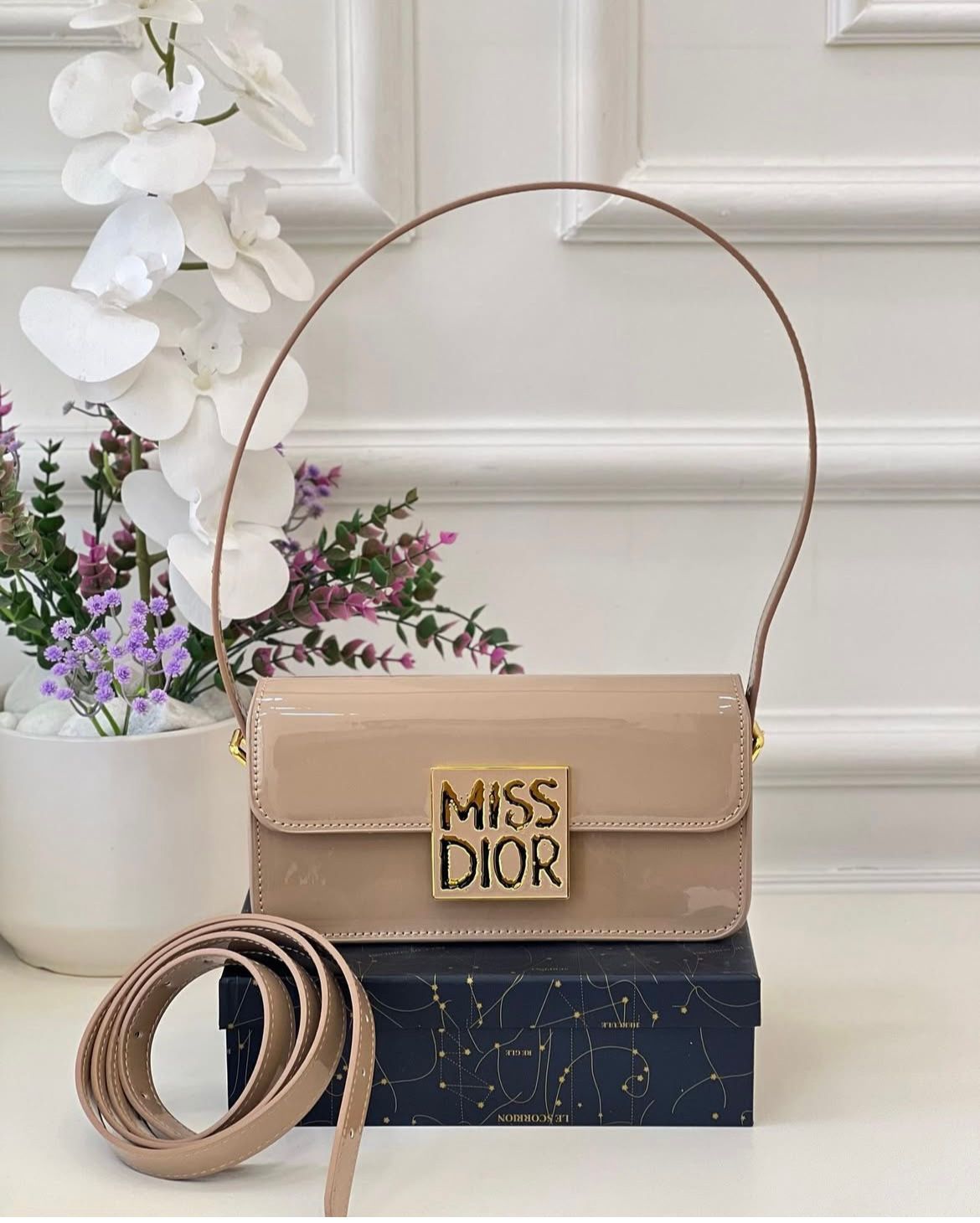 DIOR Miss Dior Patent Leather Calfskin Hand & Shoulder Bag - Apricot