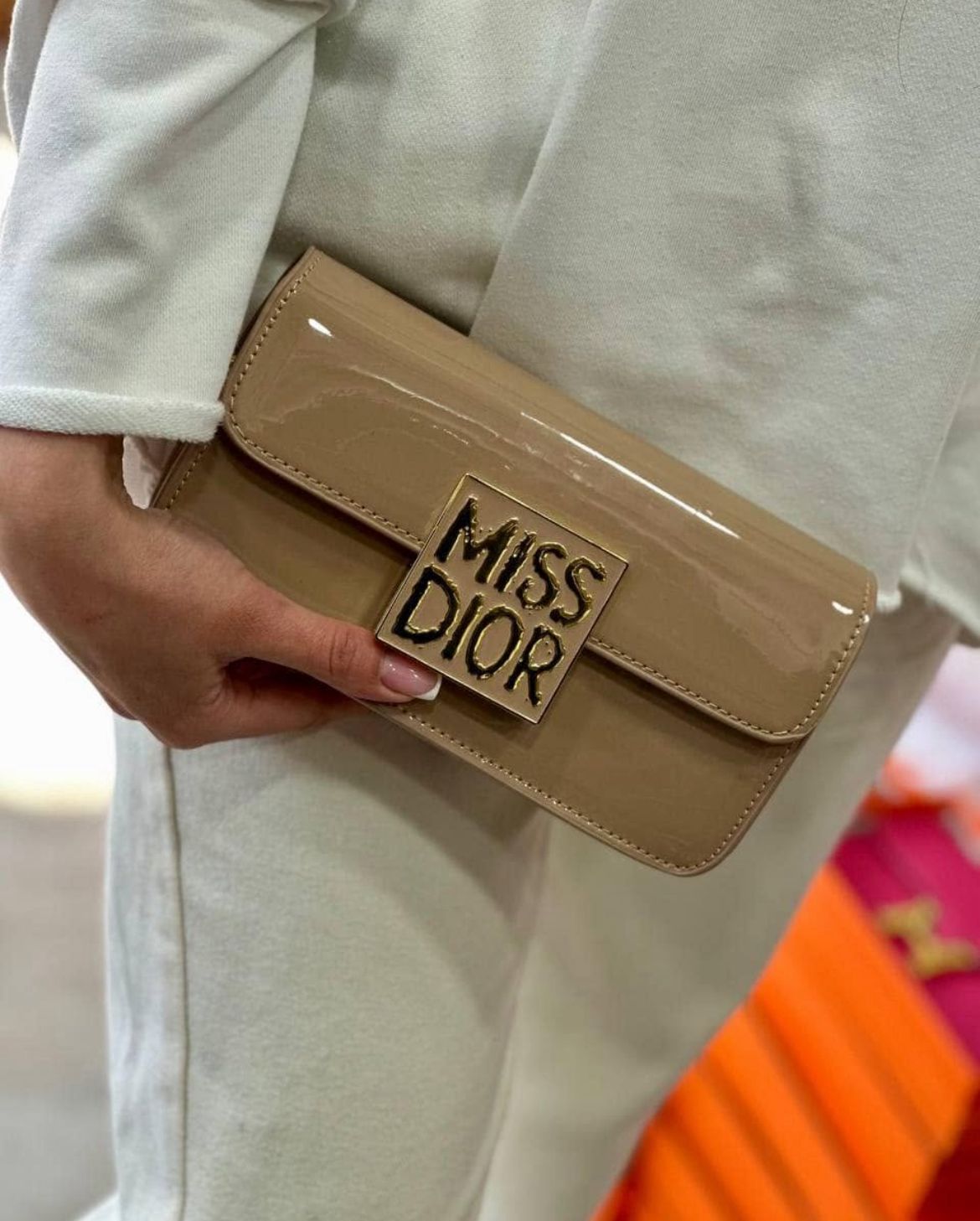 DIOR Miss Dior Patent Leather Calfskin Hand & Shoulder Bag - Apricot