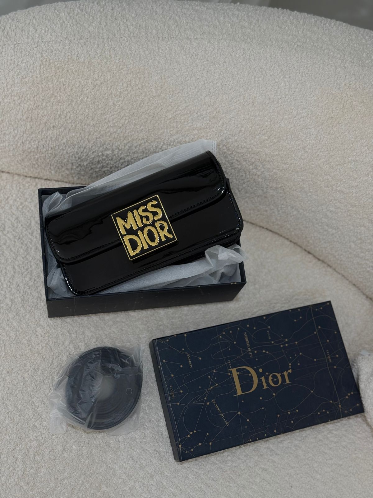 DIOR Miss Dior Patent Leather Calfskin Hand & Shoulder Bag - Black