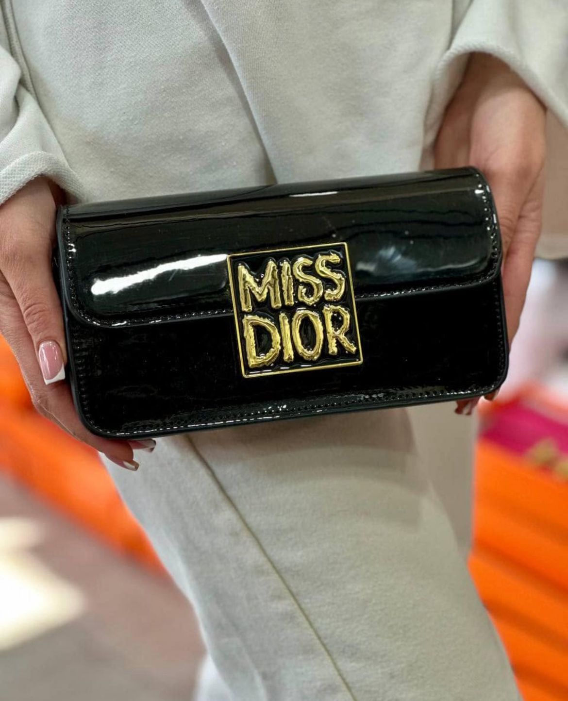 DIOR Miss Dior Patent Leather Calfskin Hand & Shoulder Bag - Black