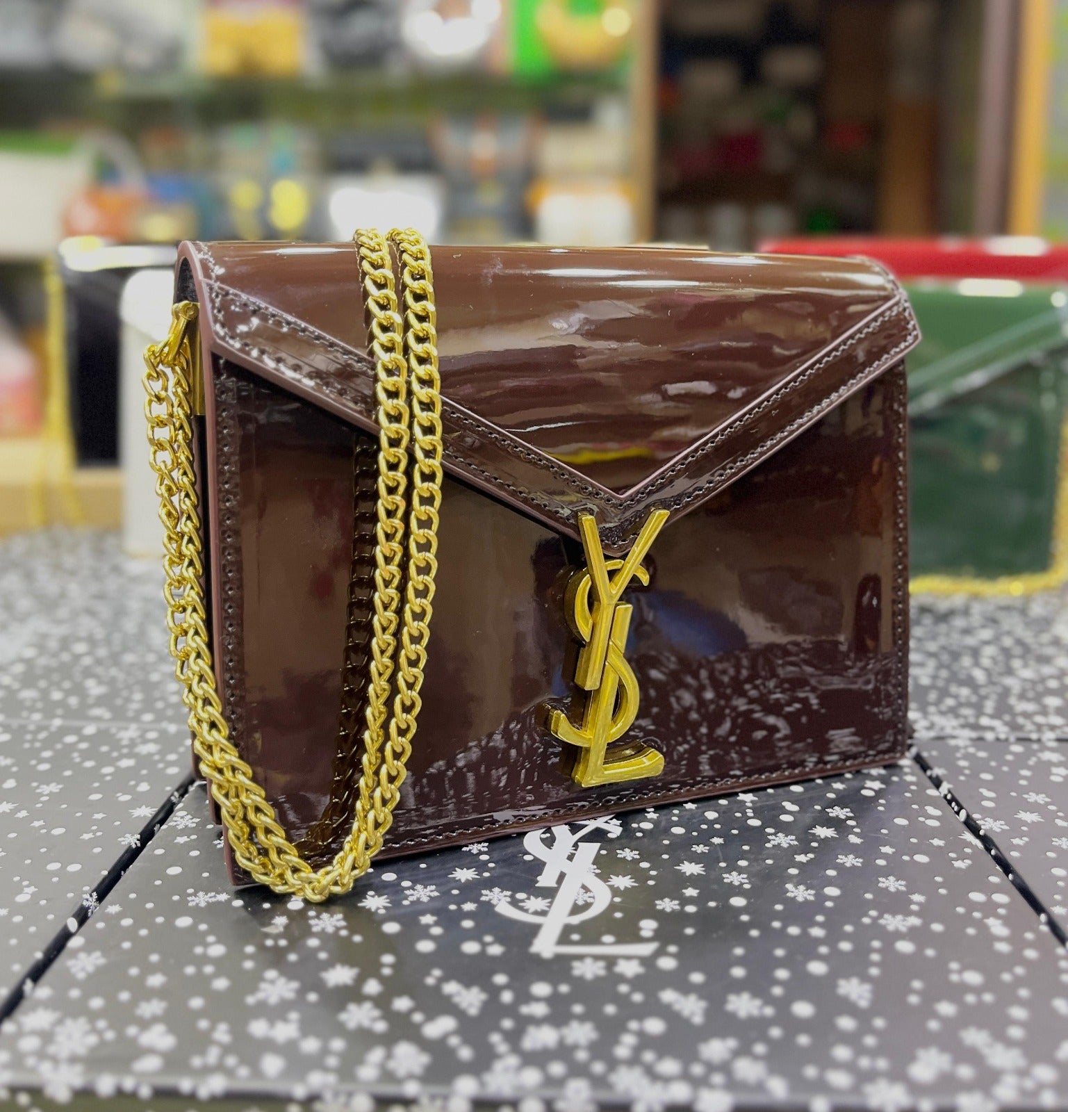 Saint Laurent Cassandra Patent Leather Wallet on a Chain - Chocolate Brown