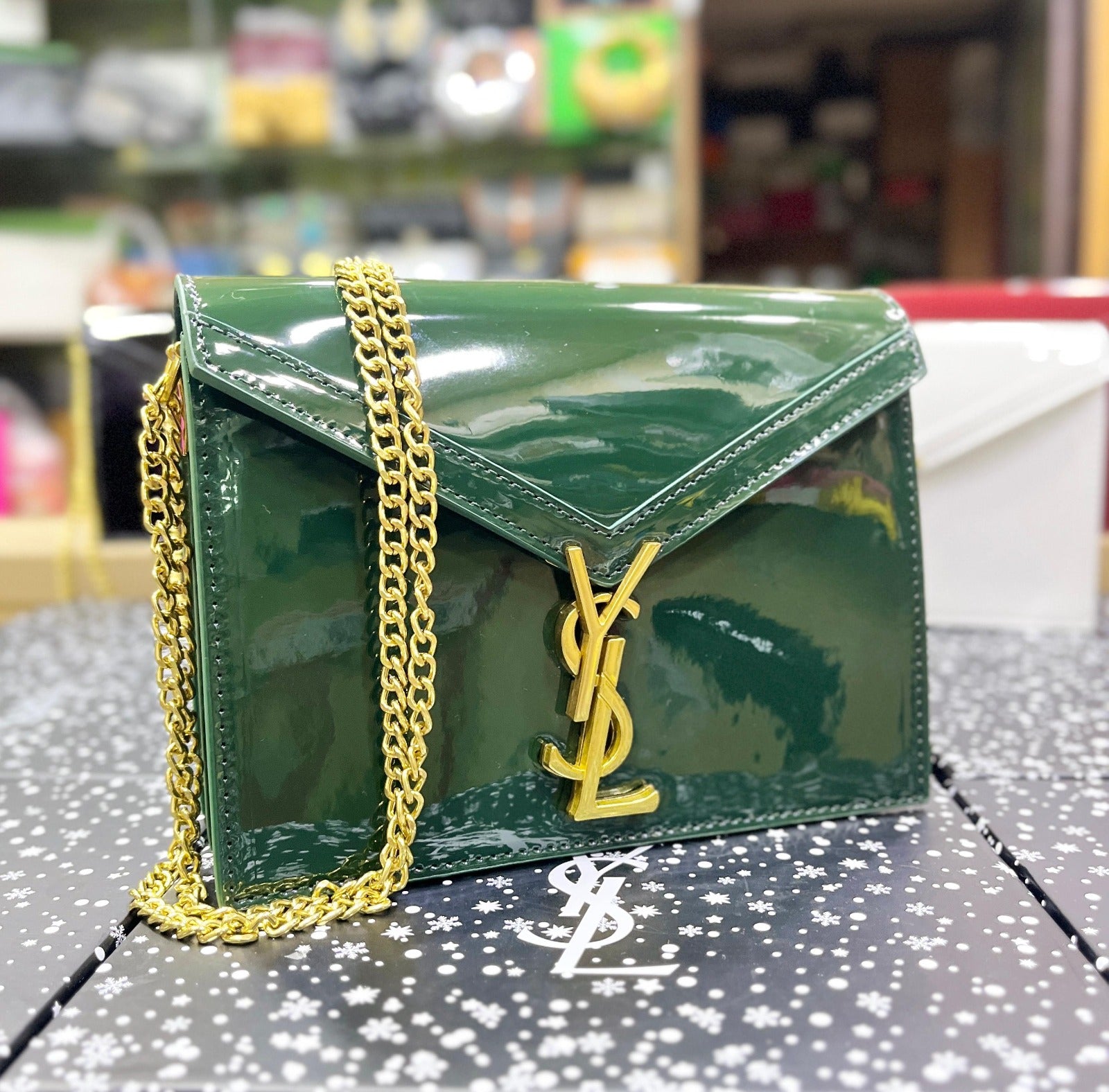 Saint Laurent Cassandra Patent Leather Wallet on a Chain - Green