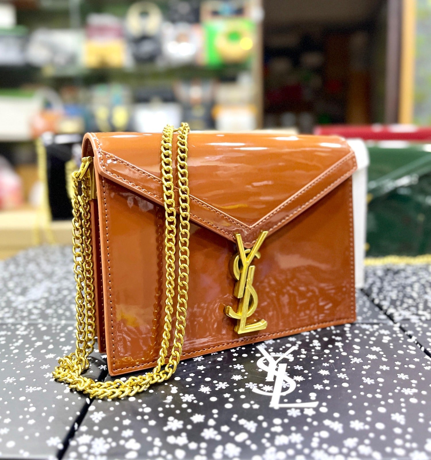 Saint Laurent Cassandra Patent Leather Wallet on a Chain - Brown