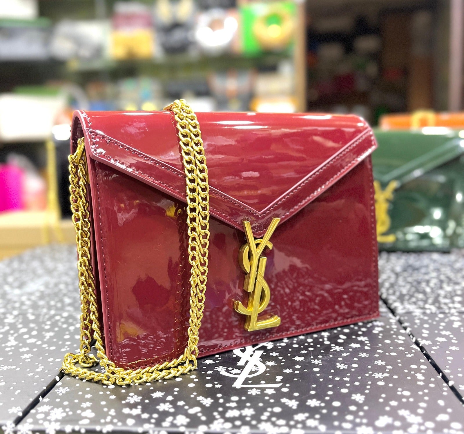 Saint Laurent Cassandra Patent Leather Wallet on a Chain - Red
