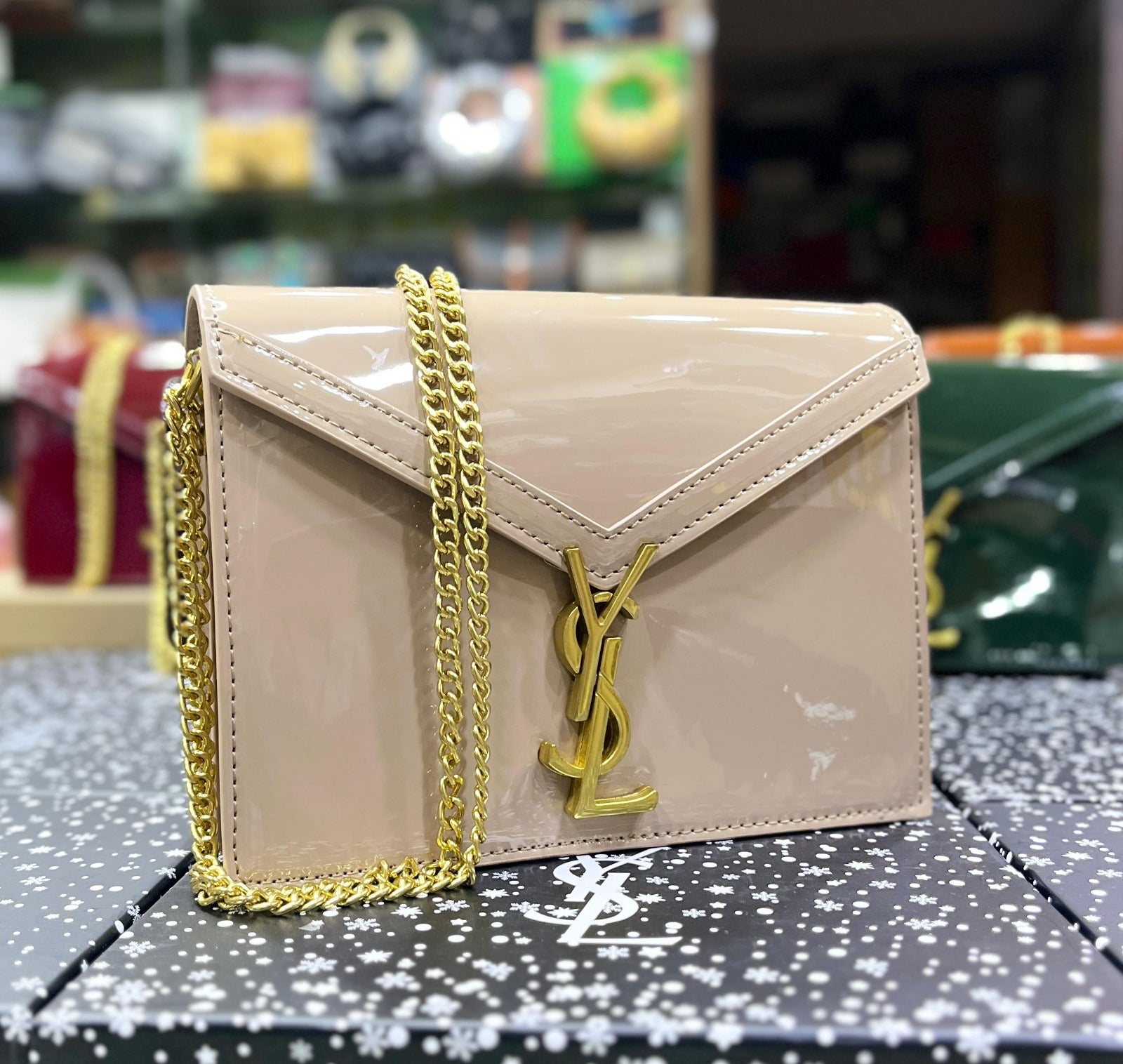 Saint Laurent Cassandra Patent Leather Wallet on a Chain - Fawn