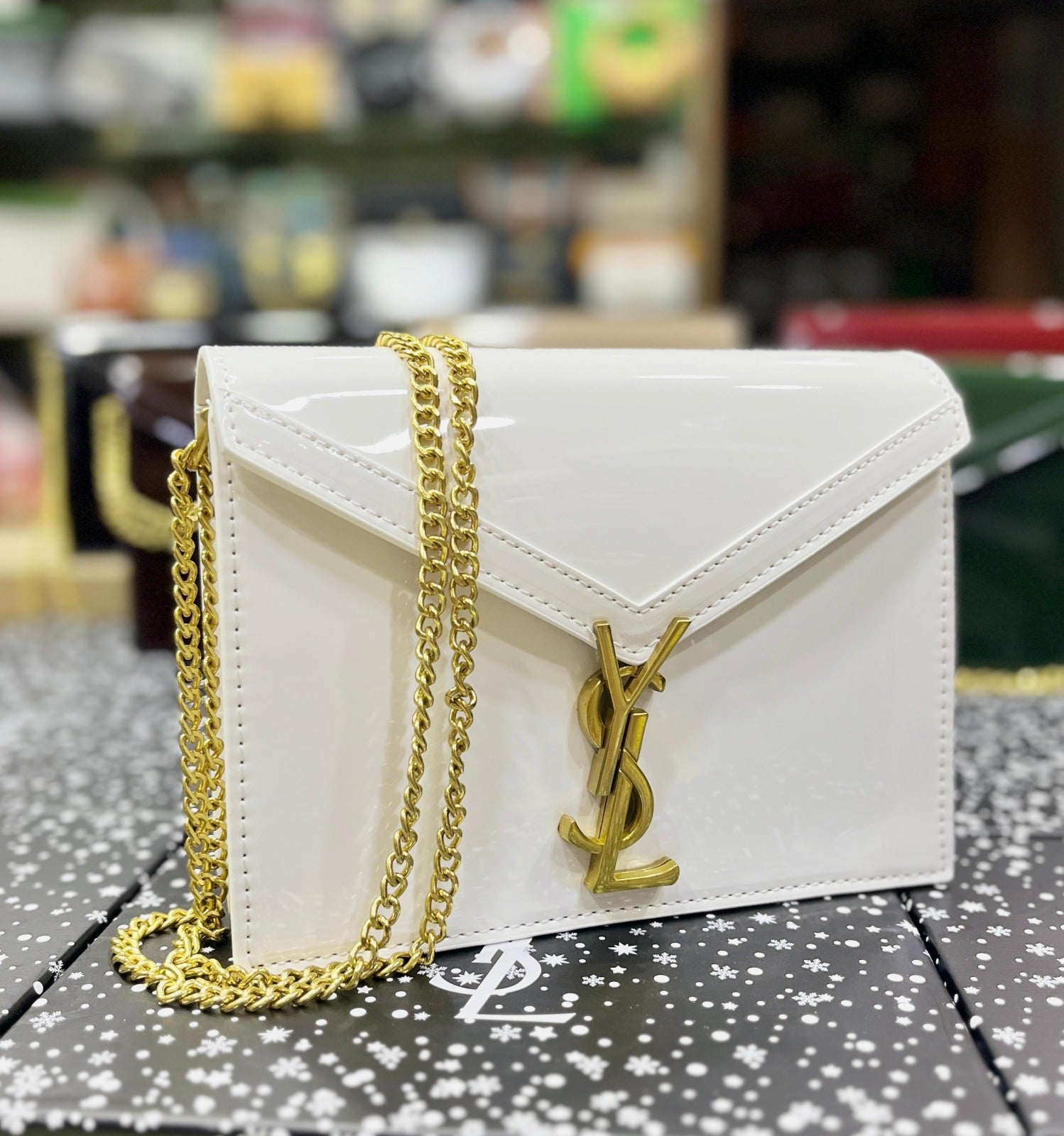 Saint Laurent Cassandra Patent Leather Wallet on a Chain - White