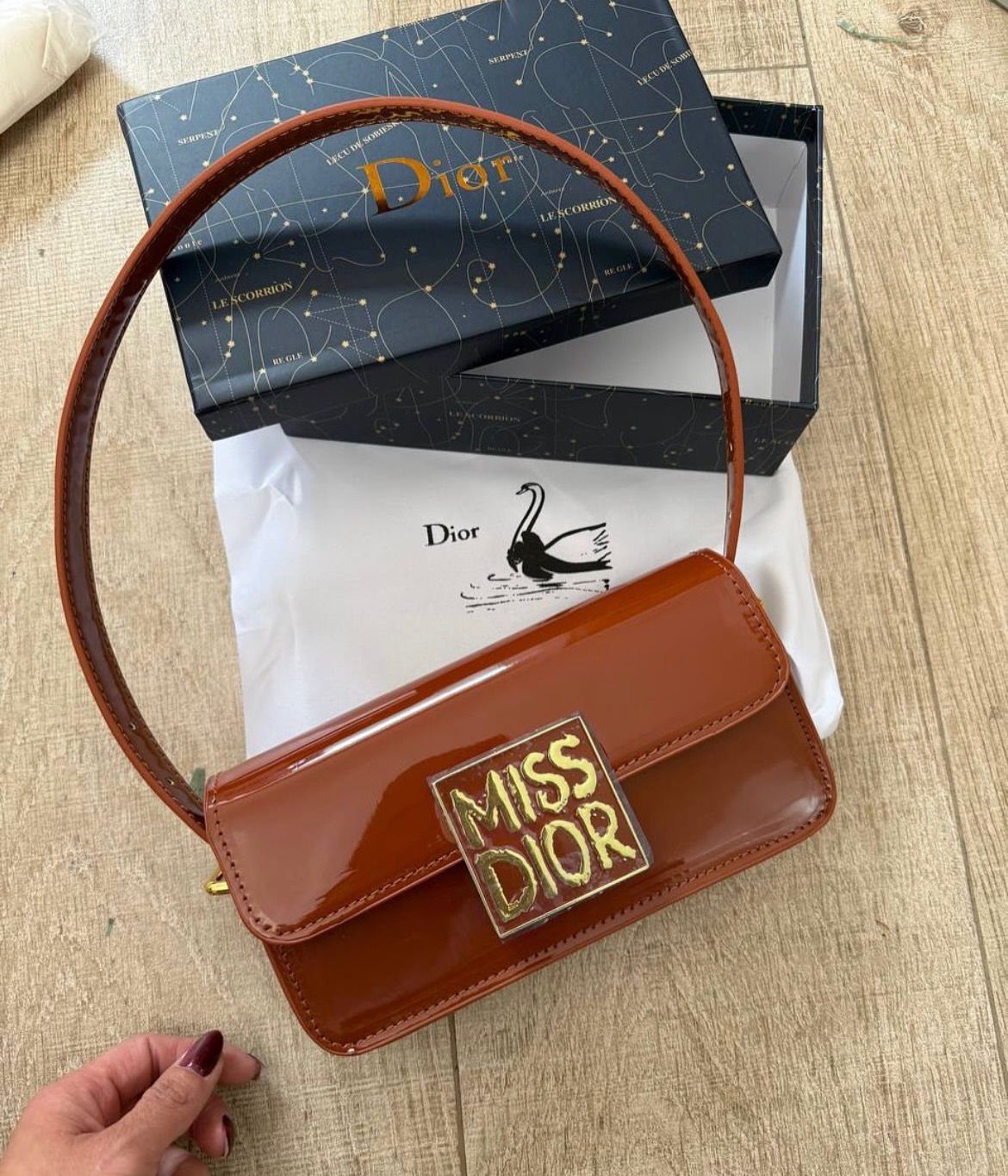 DIOR Miss Dior Patent Leather Calfskin Hand & Shoulder Bag - Brown