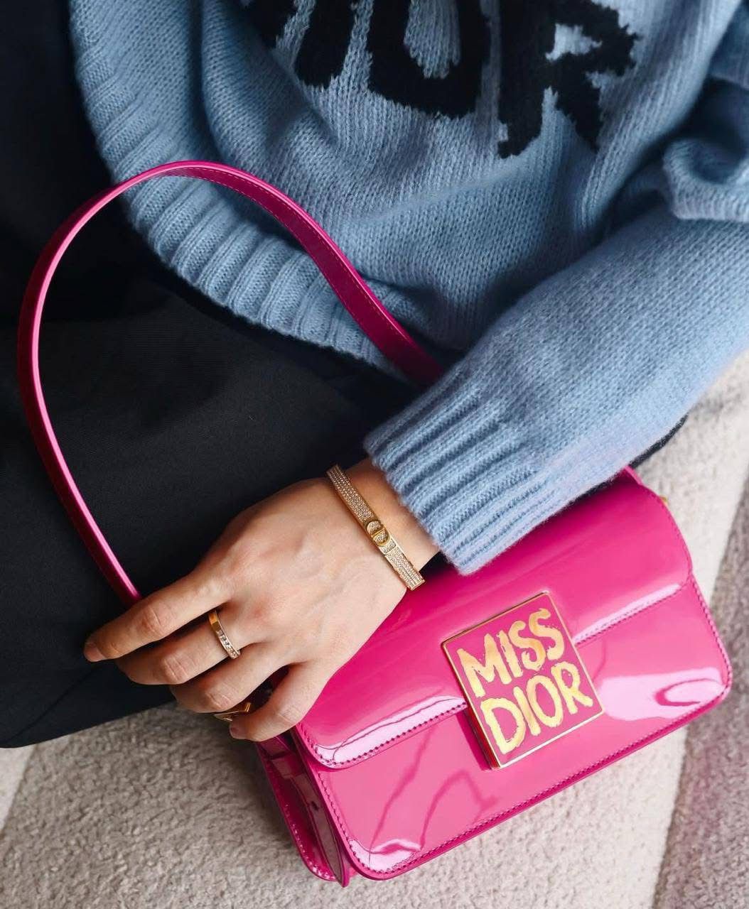 DIOR Miss Dior Patent Leather Calfskin Hand & Shoulder Bag - Pink