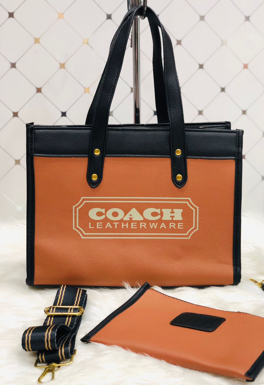 COACH Signature Logo Tote with Pouch - Brown