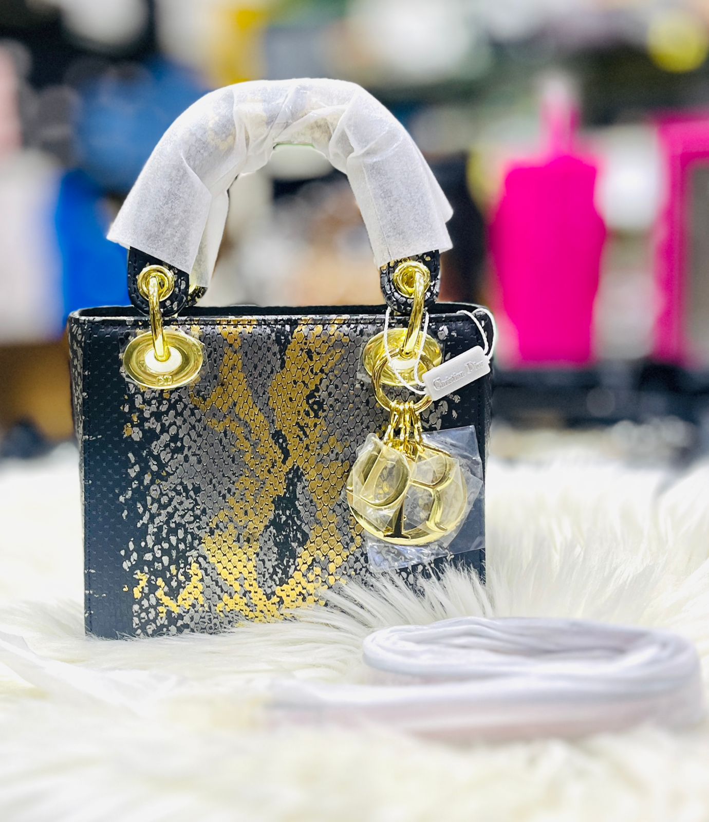 Dior LADY DIOR MINI PYTHON SKIN - Black