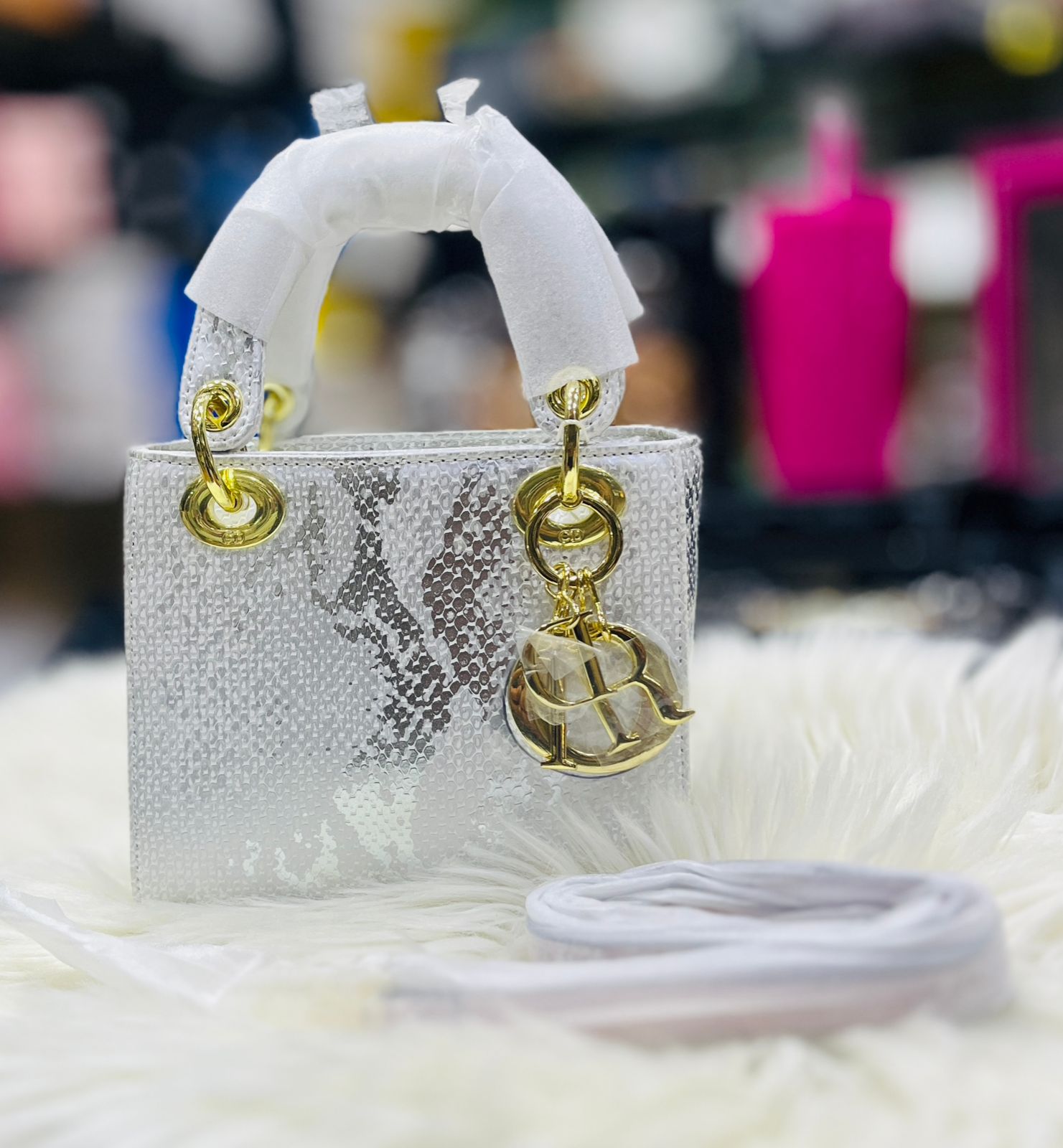 Dior LADY DIOR MINI PYTHON SKIN - White
