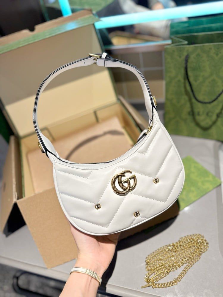 Gucci GG Marmont Half-Moon Shoulder Bag - White
